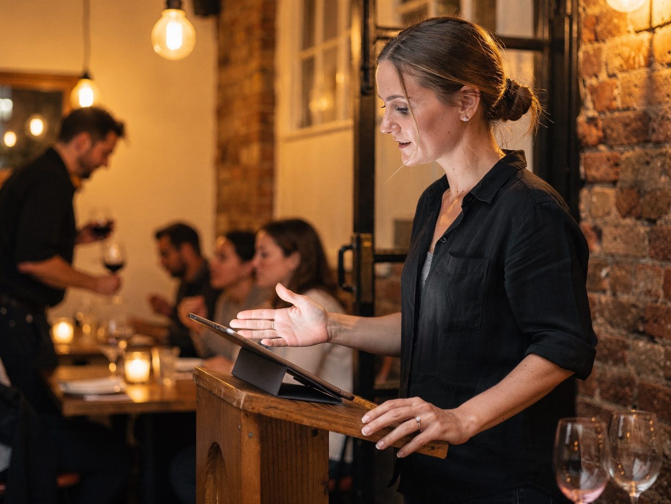 A host checking the night's bookings on a tablet at a busy restaurant